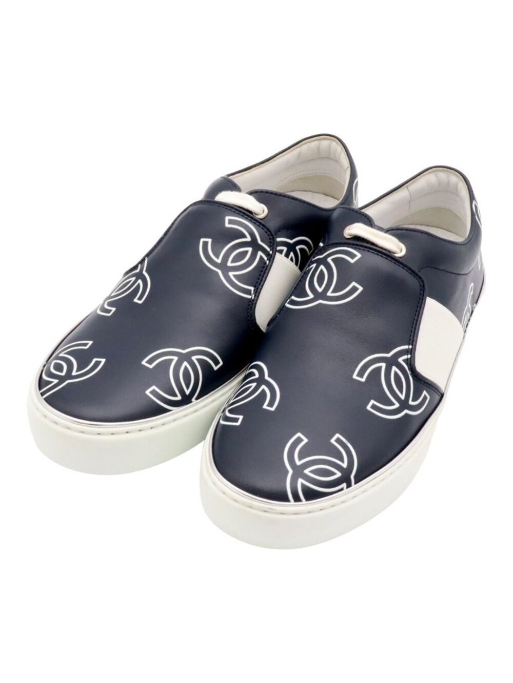 Chanel CC Logo Sneakers Low Cut Slip-on Shoes Leather Navy White